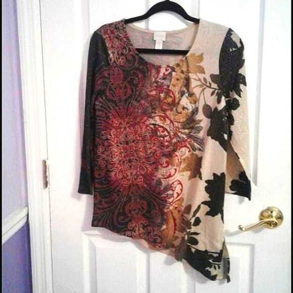 Chico's Boho Chic Cream Burgundy Abstract Floral Asymmetrical Top Fall - Picture 1 of 8